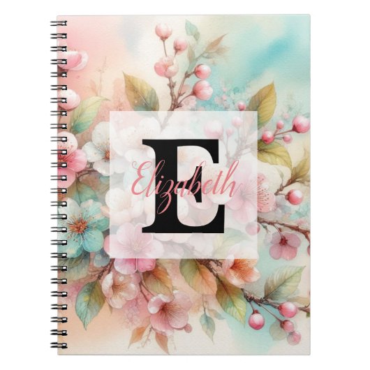 Waterverf monogram roze kersenbloesem notitieboek (Voorkant)