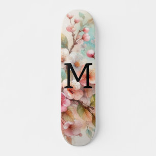 Waterverf monogram roze kersenbloesem persoonlijk skateboard