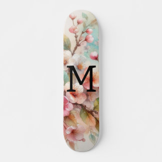 Waterverf monogram roze kersenbloesem persoonlijk skateboard