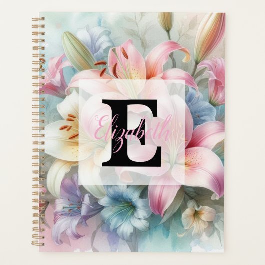 Waterverf monogram roze lelies bloemen planner (Voorkant)