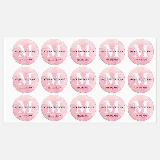 Waterverf Monogram roze waterdicht Labels (Vel)