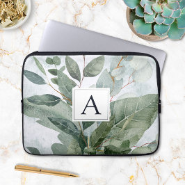 Waterverf Monogram Rustieke Salie Groenelementen Laptop Sleeve