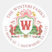 Waterverf Monogram Santa Crest Adres Ronde Sticker (Voorkant)