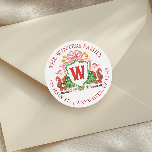 Waterverf Monogram Santa Crest Adres Ronde Sticker