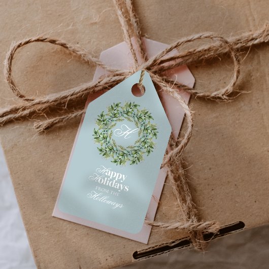 Waterverf Monogram Script Foto Flat Holiday Kaart Cadeaulabel