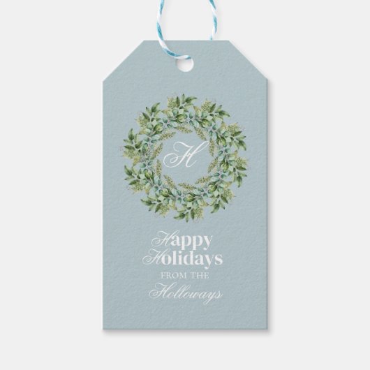 Waterverf Monogram Script Foto Flat Holiday Kaart Cadeaulabel (Voorkant)