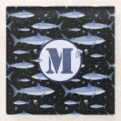Waterverf Monogram Shark Jellyfish Pattern Black Glazen Onderzetter (Voorkant)