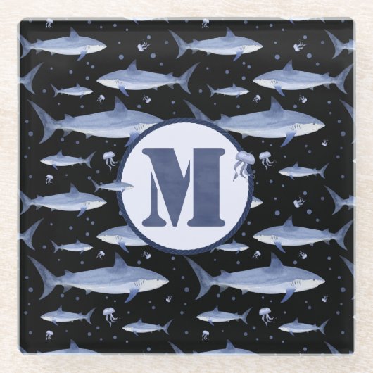 Waterverf Monogram Shark Jellyfish Pattern Black Glazen Onderzetter (Voorkant)