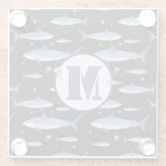 Waterverf Monogram Shark Jellyfish Pattern Black Glazen Onderzetter (Achterkant)