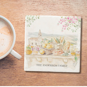 Waterverf Monogram Tuscany Middellandse Zee Italië Stenen Onderzetter