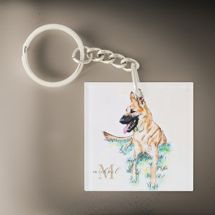 Waterverf-monogram van Shepherd Malinois Sleutelhanger