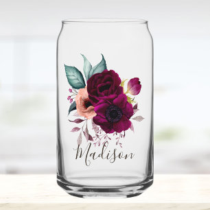 Waterverf Monogram Vintage Boho Paarse Bloemen Blikvorm Glas