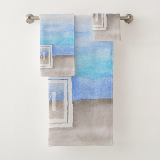 Waterverf Monogram Zee & Zandblauw en Tan Bad Handdoek (Insitu)