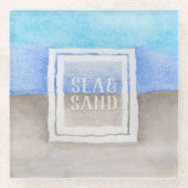 Waterverf Monogram Zee & Zandblauw en Tan Glazen Onderzetter (Voorkant)