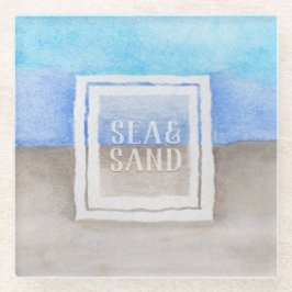 Waterverf Monogram Zee & Zandblauw en Tan Glazen Onderzetter