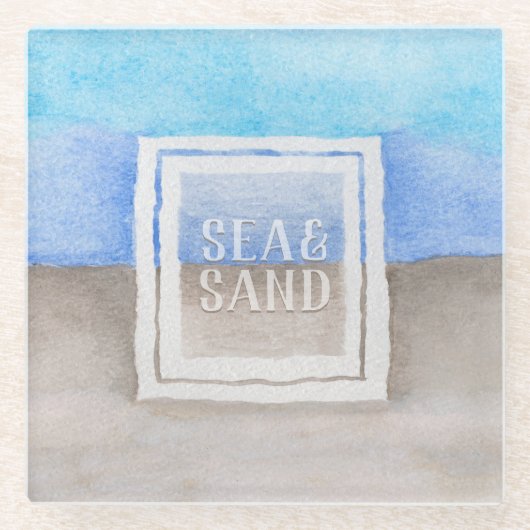 Waterverf Monogram Zee & Zandblauw en Tan Glazen Onderzetter (Voorkant)