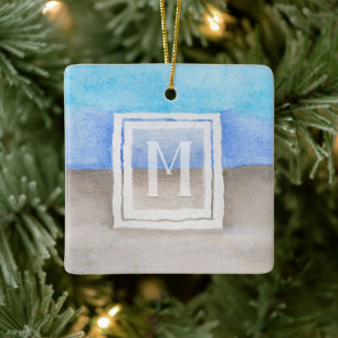 Waterverf Monogram Zee & Zandblauw en Tan Keramisch Ornament