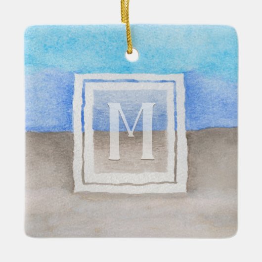 Waterverf Monogram Zee & Zandblauw en Tan Keramisch Ornament (Voorkant)