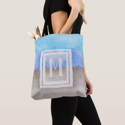 Waterverf Monogram Zee & Zandblauw en Tan Tote Bag (Dichtbij)