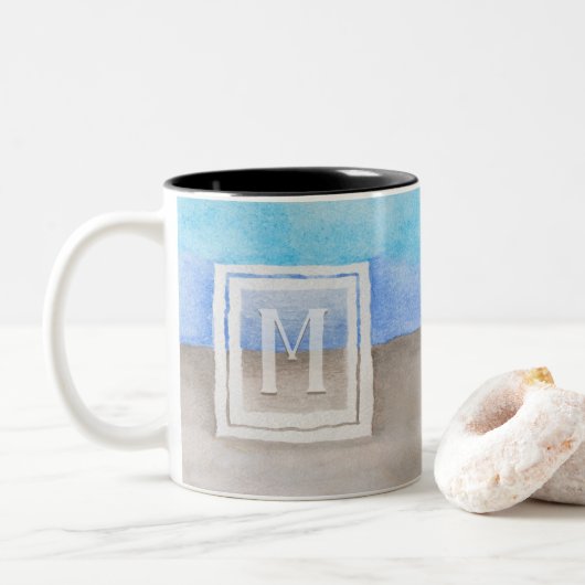 #Waterverf #Monogram #Zee & Zandblauw en Tan Tweekleurige Koffiemok (Met donut)