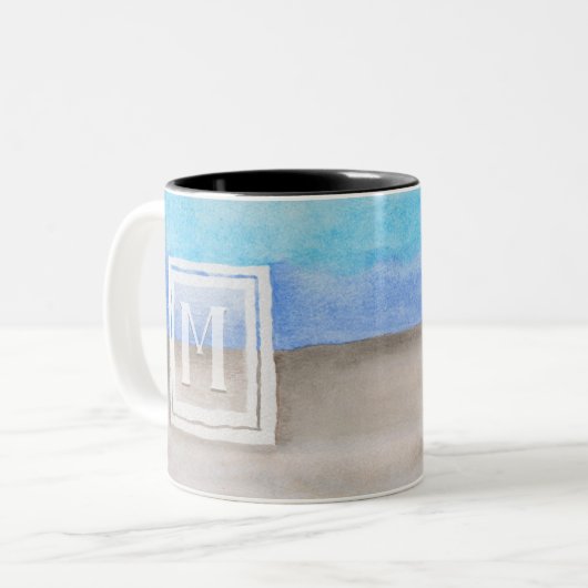 #Waterverf #Monogram #Zee & Zandblauw en Tan Tweekleurige Koffiemok (Voorkant links)