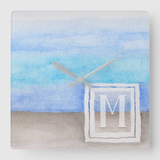 Waterverf Monogram Zee & Zandblauw en Tan Vierkante Klok (Voorkant)