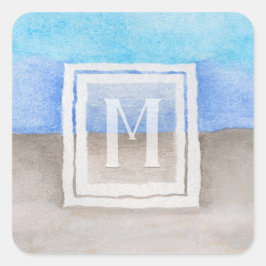 Waterverf Monogram Zee & Zandblauw en Tan Vierkante Sticker