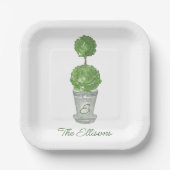 Waterverf Monogrammed Topiary Napkins Papieren Bordje (Voorkant)