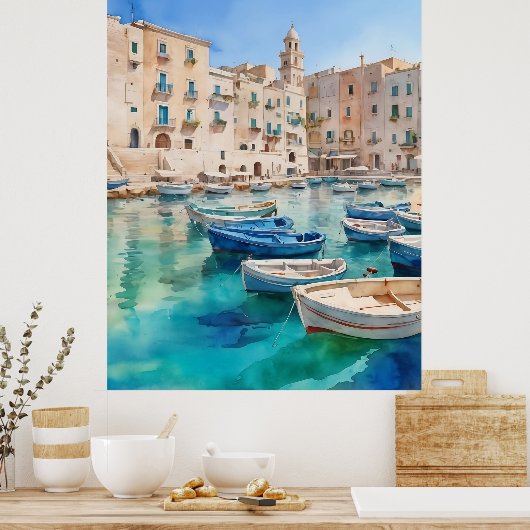 Waterverf Monopoli in Italië Puglia Kust Poster (Keuken)