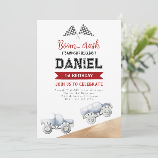 Waterverf Monster Truck 1e Verjaardagsuitnodiging Kaart (Staand voorkant)