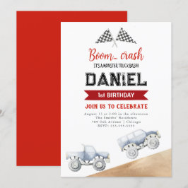 Waterverf Monster Truck 1e Verjaardagsuitnodiging Kaart