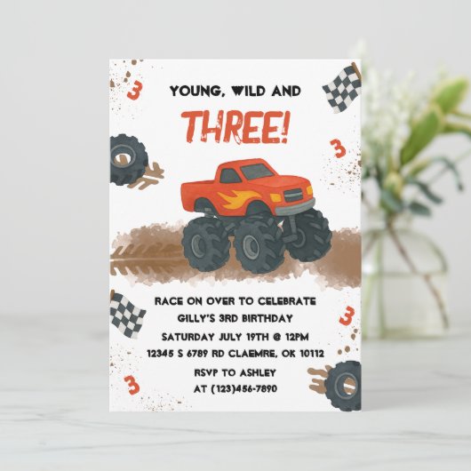 Waterverf Monster Truck 3e Verjaardag Uitnodiging (Staand voorkant)