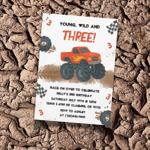 Waterverf Monster Truck 3e Verjaardag Uitnodiging