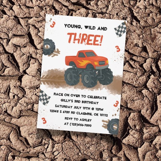 Waterverf Monster Truck 3e Verjaardag Uitnodiging
