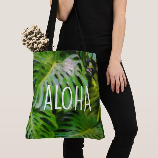 Waterverf Monstera Aloha Hawaiian Beach tas (Dichtbij)