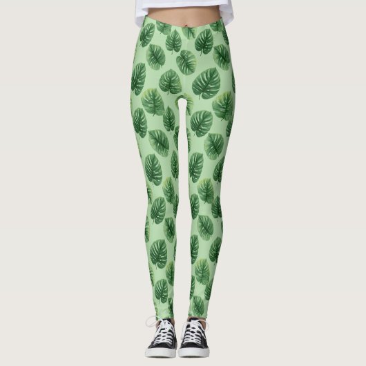 Waterverf Monstera Blad Patroon Leggings (Voorkant)