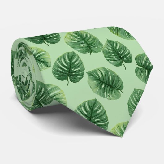 Waterverf Monstera Blad Patroon Stropdas (Opgerold)