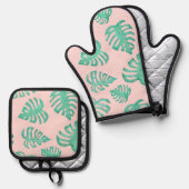 Waterverf Monstera Bladeren op Ballet Roze Ovenwant & Pannenlap Set (Voorkant / Achterkant)