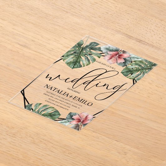 Waterverf Monstera Branch Greenery Wedding Acryl Uitnodigingen (Laagn)