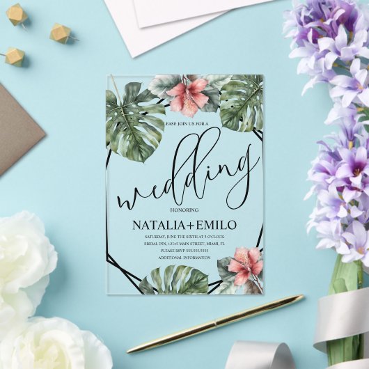 Waterverf Monstera Branch Greenery Wedding Acryl Uitnodigingen (Insitu (Huwelijk))