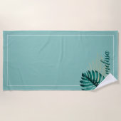 Waterverf Monstera Gold Palm Leaf Blauwgroen Tropi Strandlaken (Voorkant)