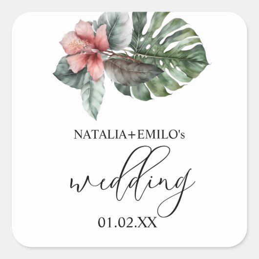 Waterverf Monstera Leaf Floral Wedding Vierkante Sticker (Voorkant)