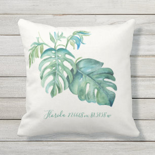 Waterverf Monstera Leaf Map Coördinaten Buitenkussen