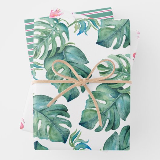 Waterverf Monstera Leaves en Pink Flamingos Inpakpapier Vel (In situ)