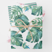 Waterverf Monstera Leaves en Roze Flamingos Wrap Inpakpapier Vel (In situ)