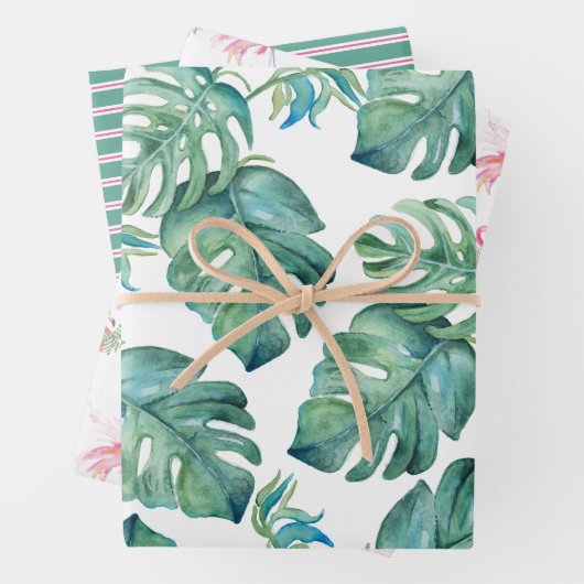 Waterverf Monstera Leaves en Roze Flamingos Wrap Inpakpapier Vel (In situ)
