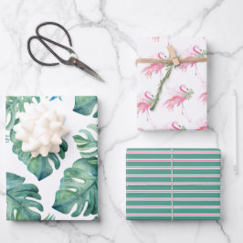 Waterverf Monstera Leaves en Roze Flamingos Wrap Inpakpapier Vel