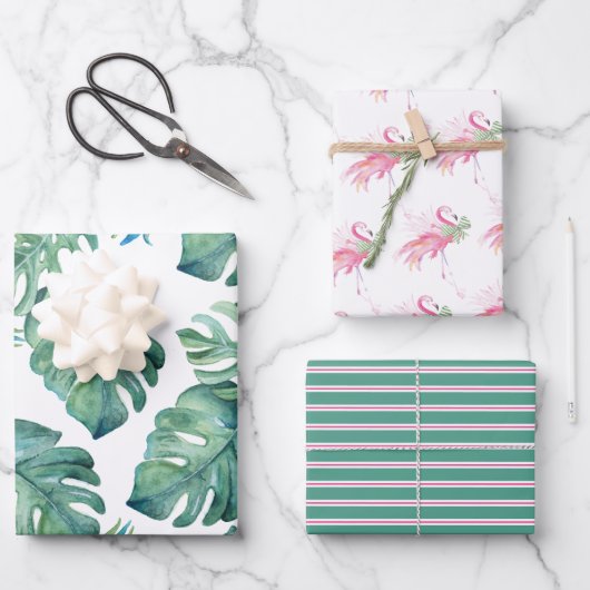 Waterverf Monstera Leaves en Roze Flamingos Wrap Inpakpapier Vel (Voorkant)
