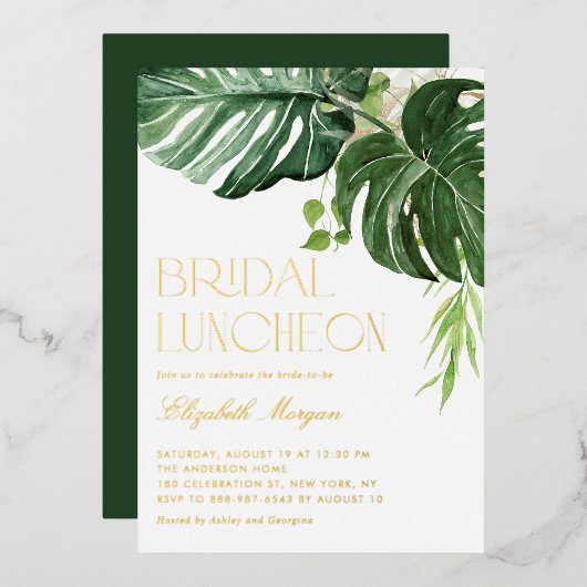 Waterverf Monstera Leaves Summer Bridal Luncheon Folie Uitnodiging (Voorkant / Achterkant)