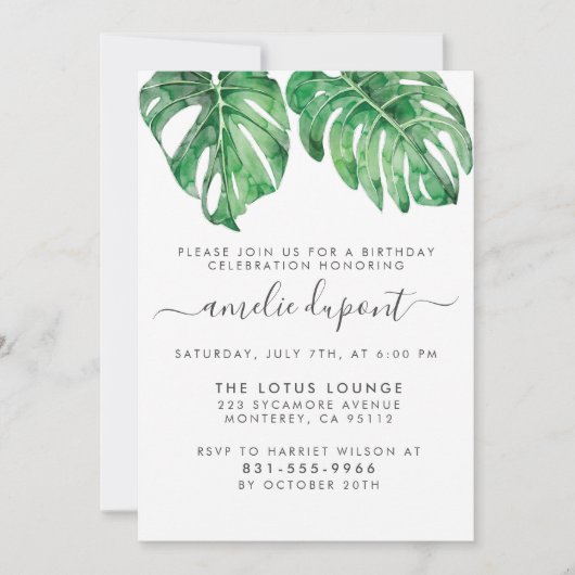 Waterverf Monstera & Modern Script Birthday Party Kaart (Voorkant)